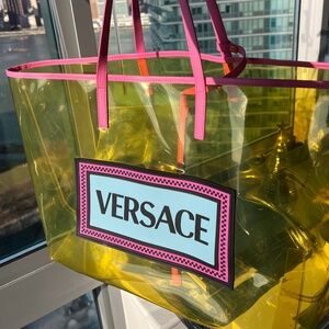 VERSACE 90's Vintage Logo Soft Tote Yellow Clear Vinyl Pink Calfskin
